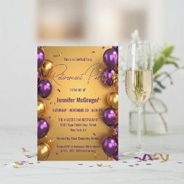 Elegante Glam Lila Goldene Ballons Ruhestandsfeier Einladung