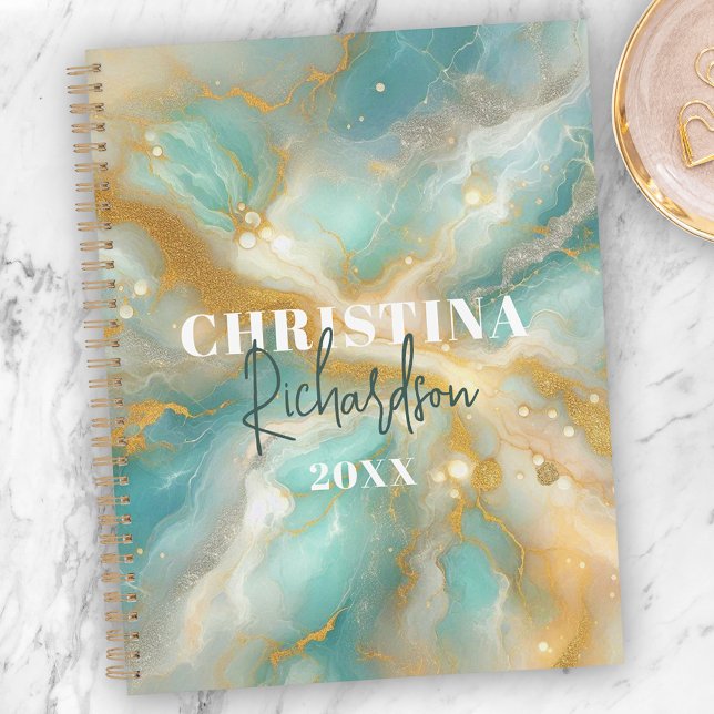 Elegante Glam Luxury Aquamarine Marble Gold Glitze Planer (Von Creator hochgeladen)