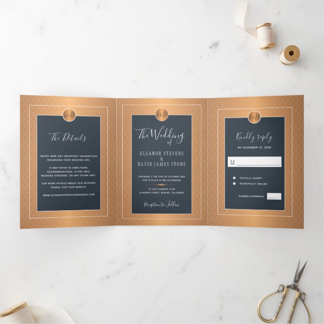 Elegante Glam Marine Kupfer Gold Einladung (Innenseite)