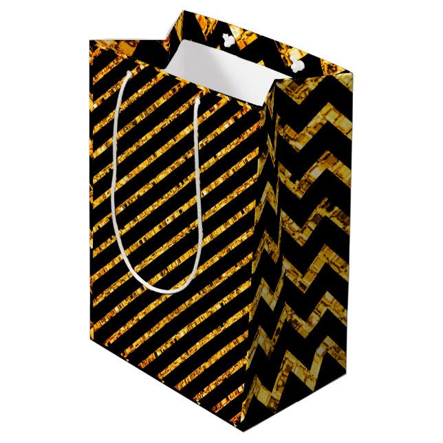 Elegante Glam Zickzack Gold Schwarzer Glitzer Spar Mittlere Geschenktüte (Rückseite Schrägansicht)