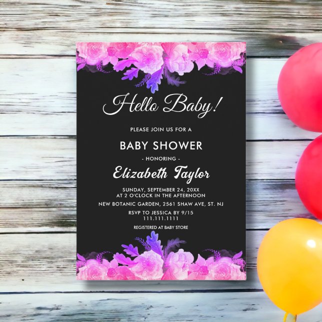 Elegante glatte Rose Neon Modern Floral Baby Showe Einladung (Von Creator hochgeladen)