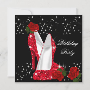 Elegante Glitter High Heels Rote Rose Geburtstag 2 Einladung