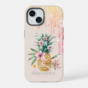 Elegante Glitter-Tropfen Blumen-Hawaii-Ananas iPhone 15 Hülle