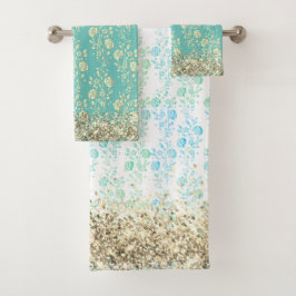 Elegante Glittery-Blume auf Aquamarin Badhandtuch Set