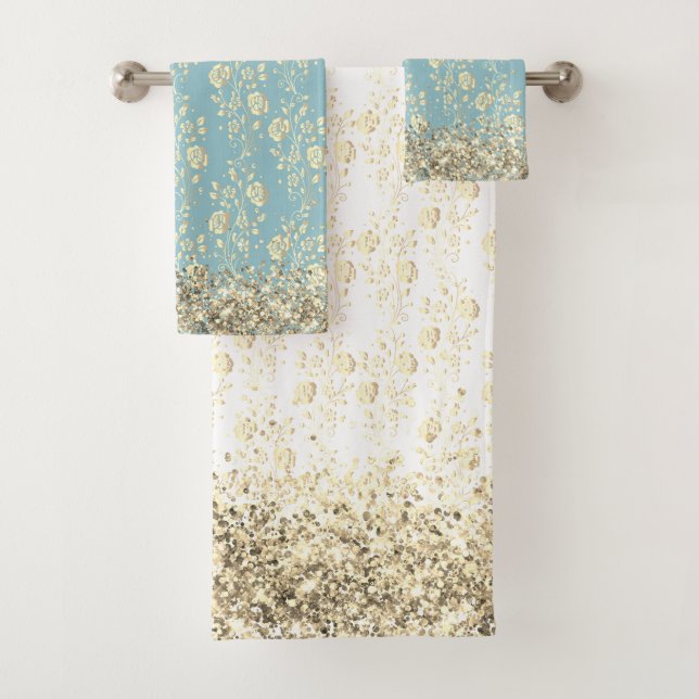 Elegante Glittery-Blume auf Pulverblau Badhandtuch Set (Insitu)