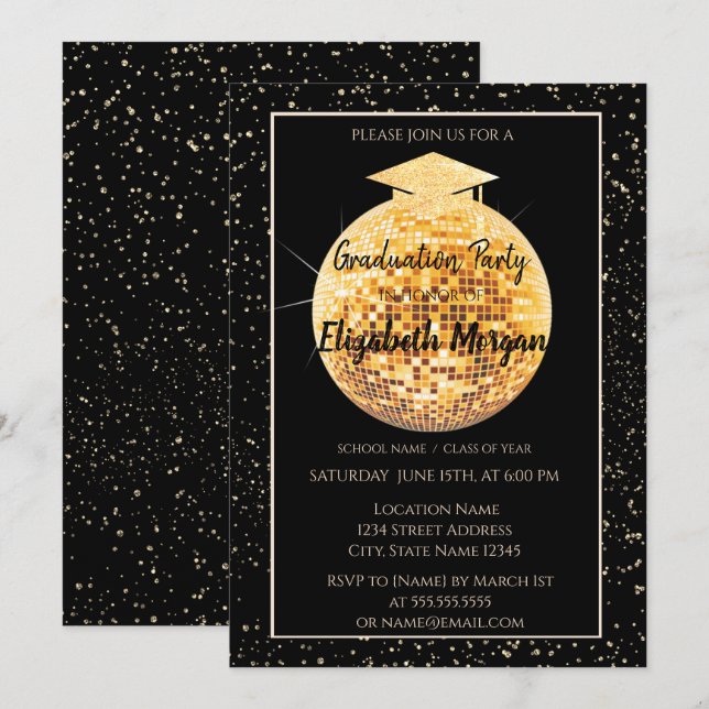 Elegante Glitzer Graduation Cap, Disco Ball Confet Einladung (Vorne/Hinten)