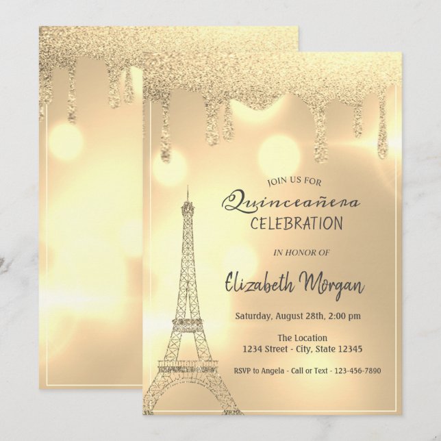 Elegante Glitzer-Tropfen, Gold Eiffel Tower Bokeh Einladung (Vorne/Hinten)