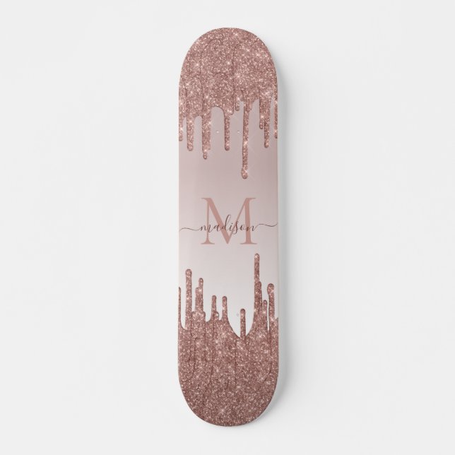 Elegante Glitzer Tropfen Rose Gold Monogram Script Skateboard (Vorne)