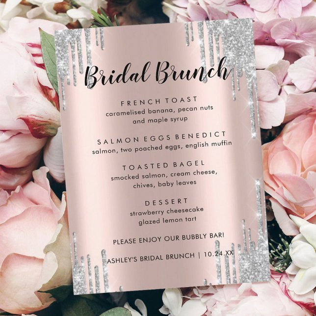 Elegante Glitzer Tropfens Bridal Brunch Menü Cards Menükarte (Von Creator hochgeladen)