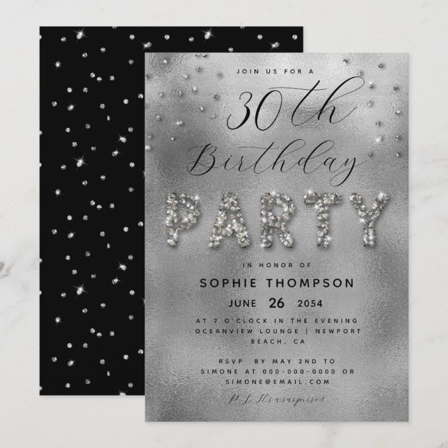 Elegante Glitzern Glitzer Silver Birthday Party Einladung (Vorne/Hinten)
