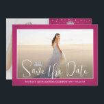Elegante Glitzern Quinceañera 2 Foto Fuschia Pink Save The Date<br><div class="desc">Teilen Sie die freudige Nachricht von einer bevorstehenden Quinceañera Feier mit schicken modernen 2 Foto Save the Date Einladungen. Die Bilder und alle Formulierungen auf dieser Vorlage sind einfach zu personalisieren. Die Farben und Stile des Schriftartes lassen sich mit dem Zazzle Design Editor Tool einfach anpassen. Das heiß-fuschia-rosa Design zeichnet...</div>