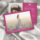 Elegante Glitzern Quinceañera 2 Foto Fuschia Pink Save The Date<br><div class="desc">Teilen Sie die freudige Nachricht von einer bevorstehenden Quinceañera Feier mit schicken modernen 2 Foto Save the Date Einladungen. Die Bilder und alle Formulierungen auf dieser Vorlage sind einfach zu personalisieren. Die Farben und Stile des Schriftartes lassen sich mit dem Zazzle Design Editor Tool einfach anpassen. Das heiß-fuschia-rosa Design zeichnet...</div>