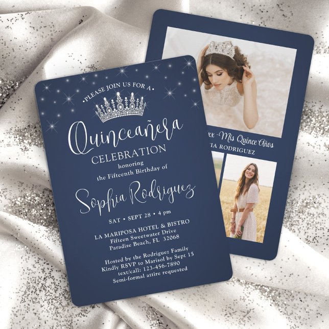 Elegante Glitzern Quinceañera 3 Foto Navy Blue Einladung (Von Creator hochgeladen)