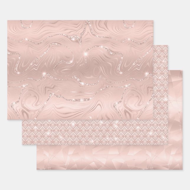 Elegante Glitzy Blush Pink Silver Marble Diamond Geschenkpapier Set (Set)