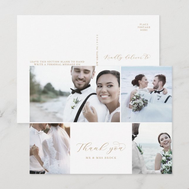 Elegante Gold 4 Foto Collage Wedding Vielen Dank Postkarte (Vorne/Hinten)