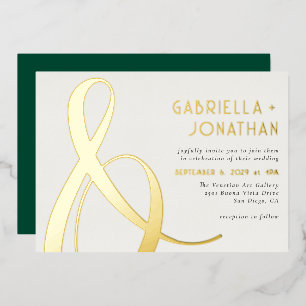 Elegante Gold Ampersand Smaragdgrüne Creme Hochzei Folieneinladung