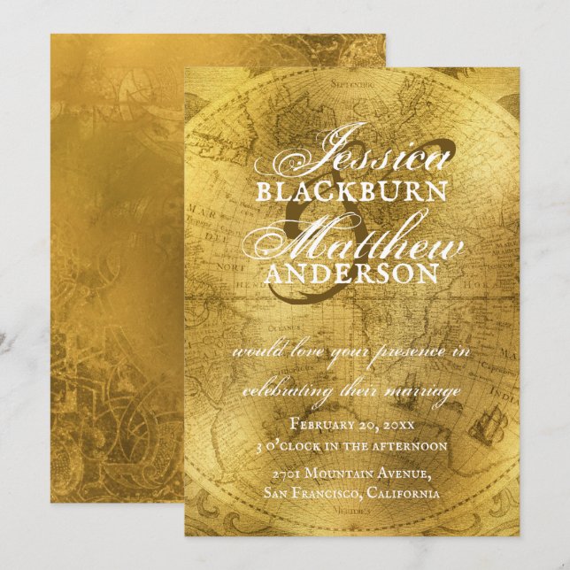 Elegante Gold Antique Alte Weltkarte Hochzeit Einladung (Vorne/Hinten)