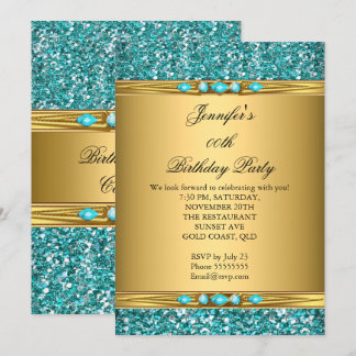 Elegante Gold Aquamarin Glitzer Diamond Geburtstag Einladung