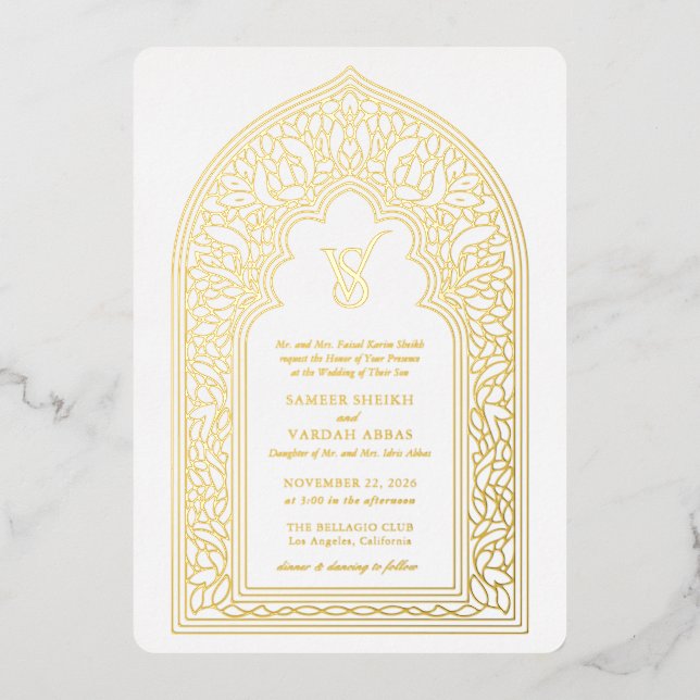 Elegante Gold Arabesque Wedding Folieneinladung (Vorderseite)