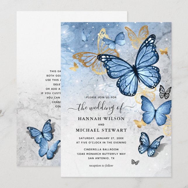 Elegante Gold Baby Blue Butterfly Wedding Einladung (Vorne/Hinten)