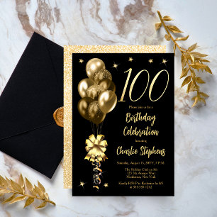 Elegante Gold Ballons auf der Black 100 Birthday P Einladung
