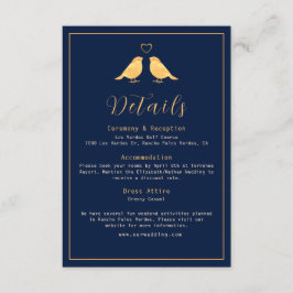 Elegante Gold Birds Navy Blue Wedding Details Begleitkarte