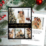 Elegante Gold Black 4 Foto Collage Weihnachten<br><div class="desc">Minimalistische, elegante Kalligraphie 4 Foto Collage Frohe Weihnachts-Script-Karte in Schwarz und Gold. Diese festliche, einfache vier (4) Foto Urlaubskarte Vorlage verfügt über eine hübsche Grid Foto Collage und sagt "Frohe Weihnachten"! Der "Frohe Weihnachten"-Grußtext ist in einem schönen handgeschriebenen Wirblen Swash-Schwanz Schriftart-Typ geschrieben. Auf der Rückseite mit Ihrer Grußbotschaft-Vorlage mit einem...</div>