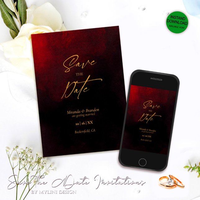Elegante Gold Black and Red Wedding Save The Date (Von Creator hochgeladen)