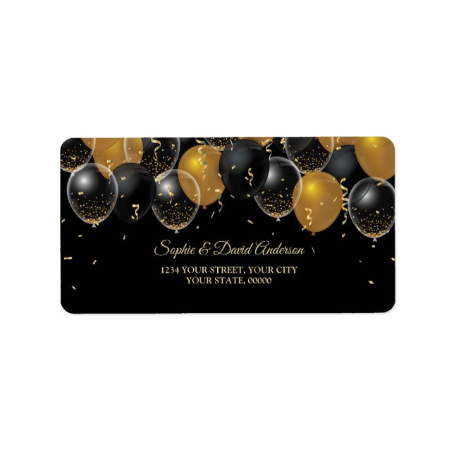 Elegante Gold Black Balloons Confetti Wedding Adressaufkleber (Vorne)
