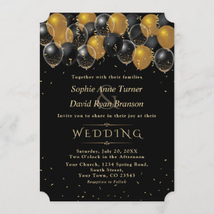 Elegante Gold Black Balloons Confetti Wedding Einladung