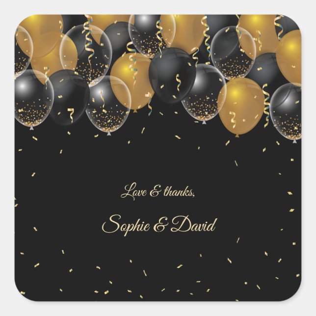 Elegante Gold Black Balloons Confetti Wedding Quadratischer Aufkleber (Vorderseite)