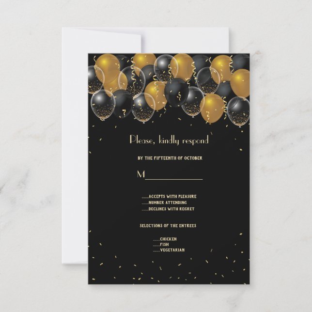 Elegante Gold Black Balloons Confetti Wedding RSVP Karte (Vorderseite)