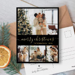 Elegante Gold Black Collage Weihnachtsfoil Card Folien Feiertagspostkarte<br><div class="desc">Elegante Kalligrafie Minimalistisch Gold Foil Script Gold Black 4 Foto Collage Frohe Weihnachtskarte. Dieses festliche, mimimalistische, whimsical vier (4) Foto Urlaubskarte Vorlage verfügt über eine hübsche Foto Collage und sagt "Frohe Weihnachten"! Der "Frohe Weihnachten"-Grußtext ist in einer schönen Hand geschrieben Wirble Swash-Schwanz-Schriftart-Typ in Gold auf schwarzem Hintergrund. Auf der Rückseite...</div>