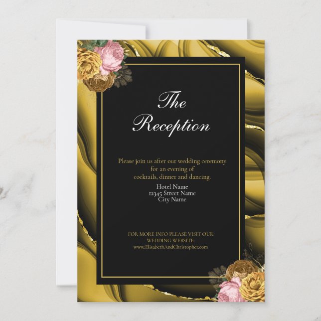 Elegante Gold Black Floral Agate Hochzeitsempfang Einladung (Vorderseite)