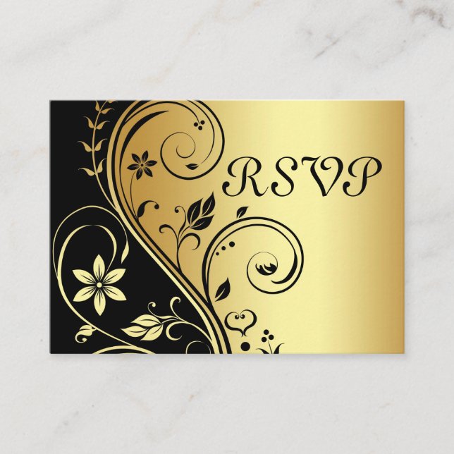 Elegante Gold & Black Floral Scroll RSVP Karte (Vorderseite)