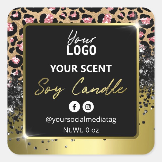 Elegante Gold Black Leopard Skin Soy Candle Labels Quadratischer Aufkleber (Vorderseite)