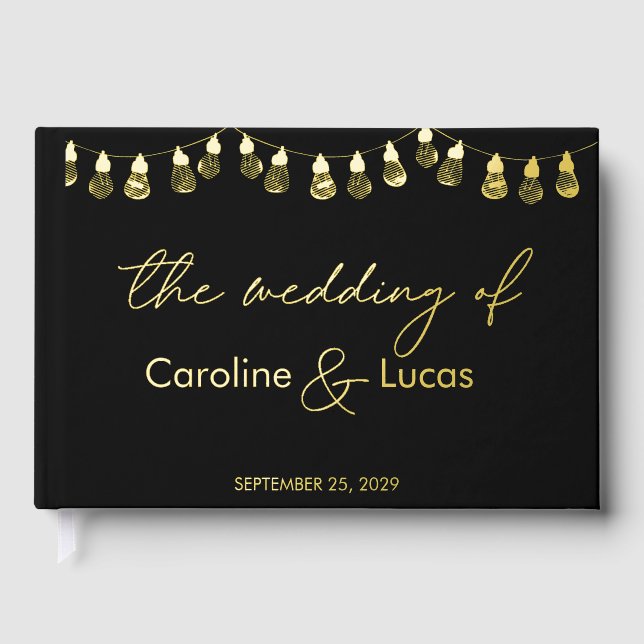 Elegante Gold Black Modern Foto Monogram Wedding Gästebuch (Vorderseite)