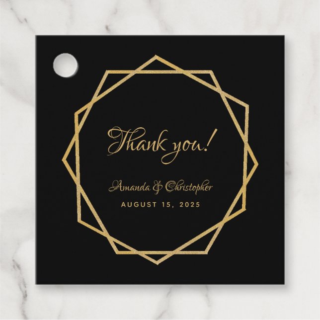 Elegante Gold Black Modern Geometric Script Hochze Geschenkanhänger (Vorderseite)