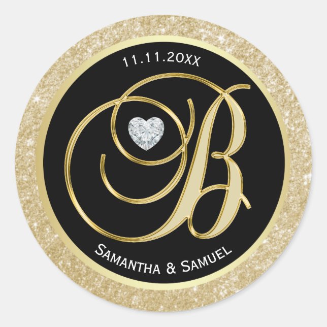 Elegante Gold Black Monogram Diamond Heart Wedding Runder Aufkleber (Vorderseite)