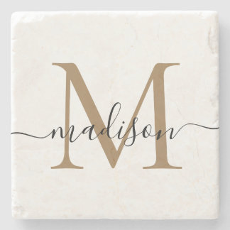 Elegante Gold Black Monogram Feminine Script Name Steinuntersetzer