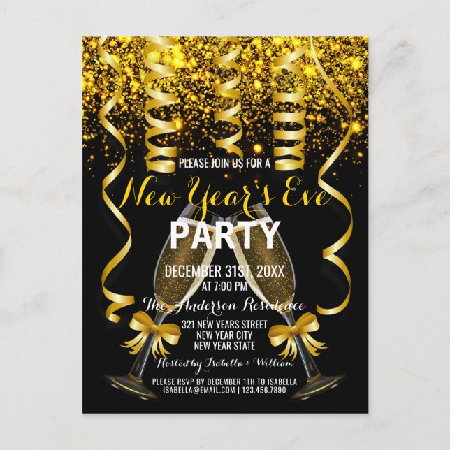Elegante Gold Black New Year's Eve Party Einladung Postkarte (Vorderseite)