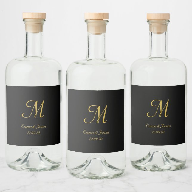 Elegante Gold Black Script Monogram Gastgeschenk H Alkoholflaschenetikett (Flaschen)
