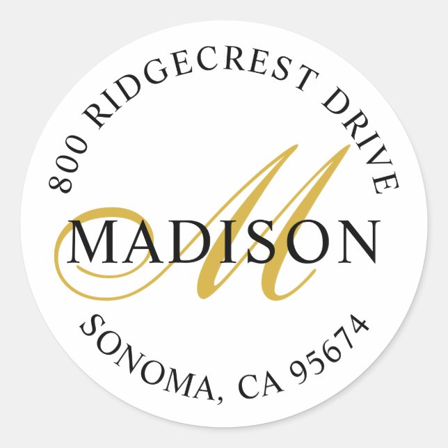 Elegante Gold Black Script Monogram Rücksendeadres Runder Aufkleber (Vorderseite)