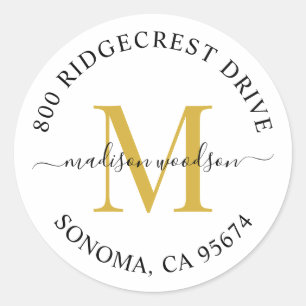 Elegante Gold Black Script Monogram Rücksendeadres Runder Aufkleber