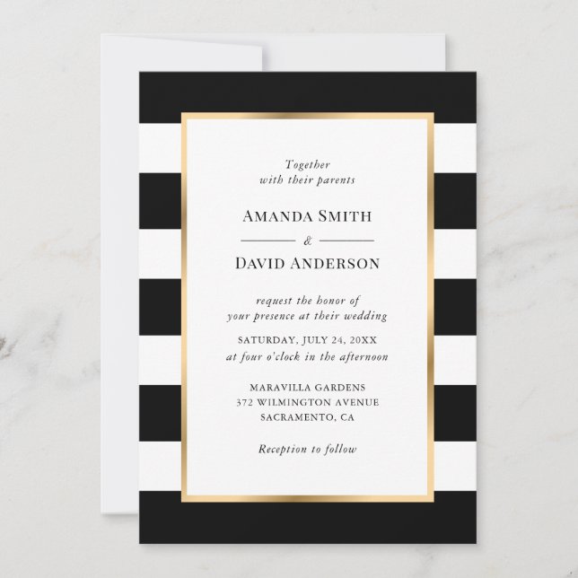 Elegante Gold Black Stripe Hochzeit Einladung (Vorderseite)