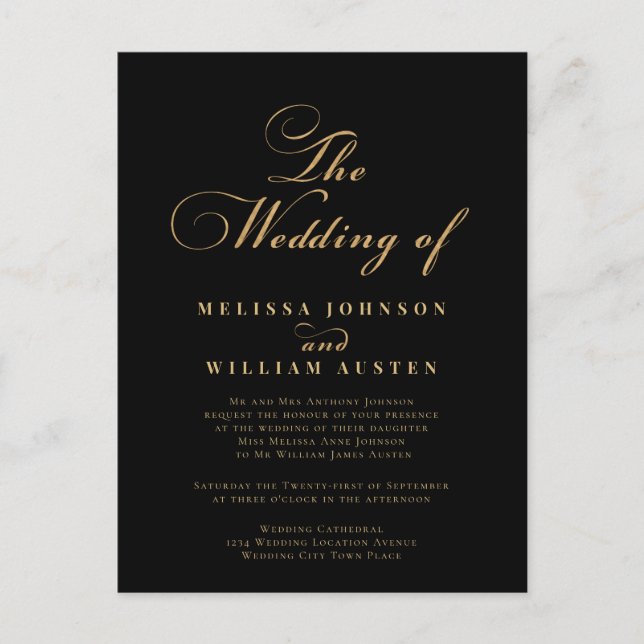 Elegante Gold Black Wedding Einladungspostkarte (Vorderseite)