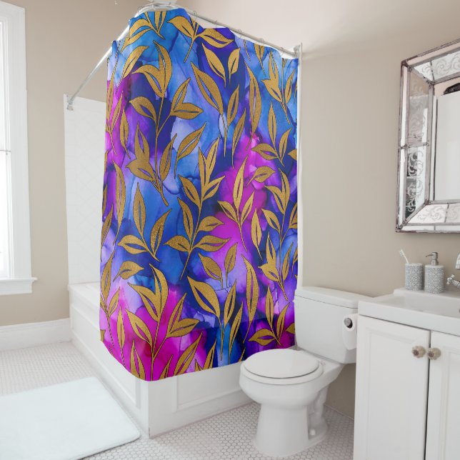Elegante Gold Blätter Foliage Blue Lila Chic Duschvorhang (Beispiel)