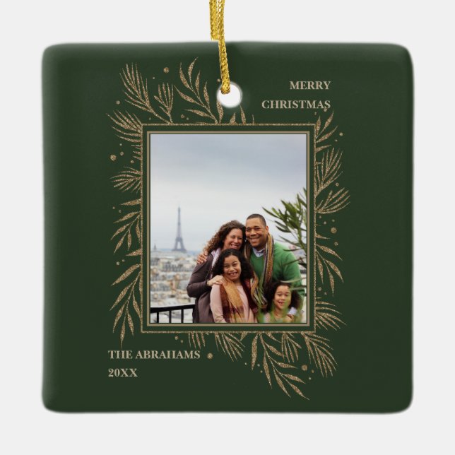 Elegante Gold Blätter Frohe Weihnachten Foto Keramikornament (Vorderseite)
