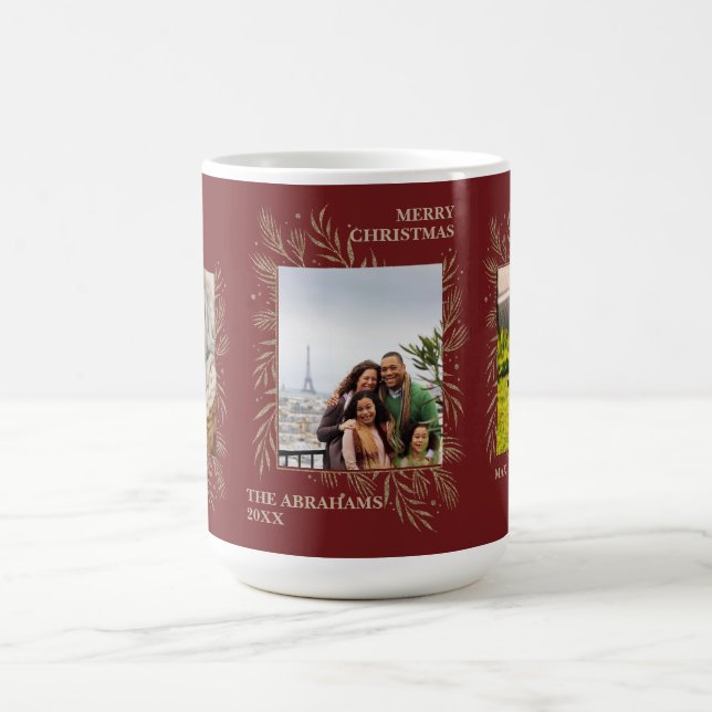 Elegante Gold Blätter Frohe Weihnachtsfamilie Foto Kaffeetasse (Mittel)