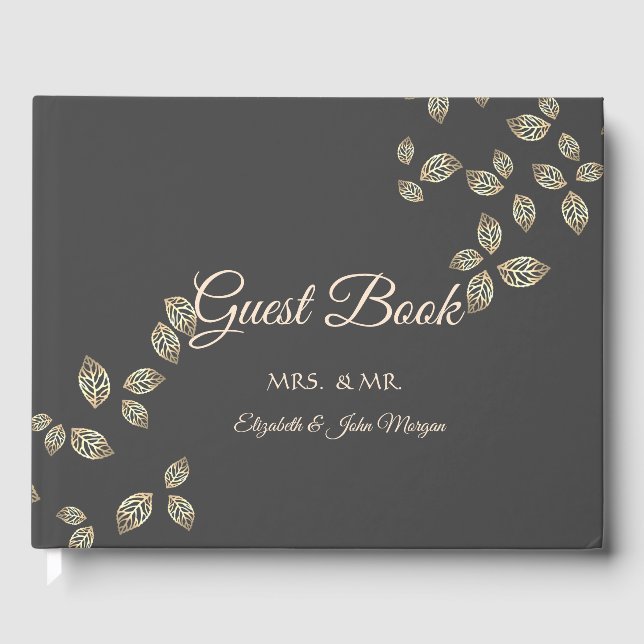 Elegante Gold-Blätter Hochzeit Gästebuch (Vorderseite)